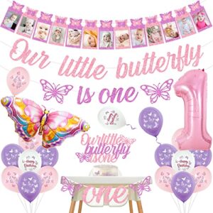 butterfly 1st birthday decorations for girls pink purple our little butterfly is one banner cake topper photo banner 1st bday girl butterfly one high chair banner floral party decoration for girls