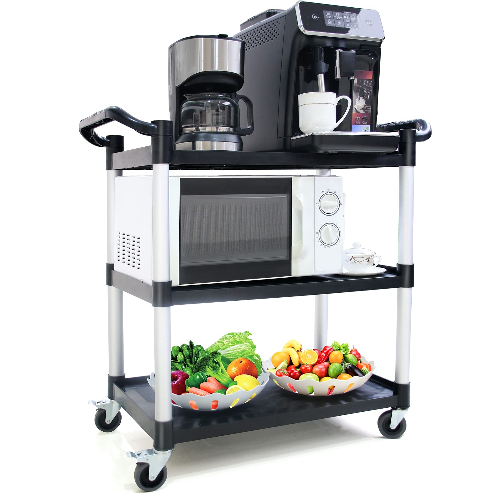 Utility Carts with Wheels,3-Tier Rolling Cart with Wheels, Heavy Duty 510 LBS Food Service Cart with Rubber Pad and Hammer for Kitchen/Office/Warehouse, 31.5" X 16.9" X 38.9"(Black)