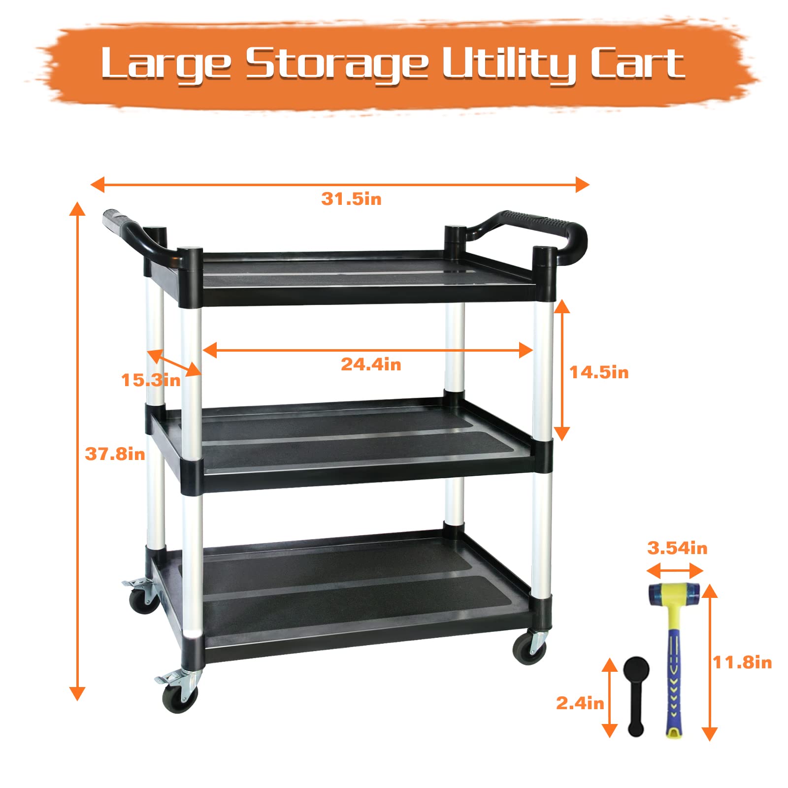 Utility Carts with Wheels,3-Tier Rolling Cart with Wheels, Heavy Duty 510 LBS Food Service Cart with Rubber Pad and Hammer for Kitchen/Office/Warehouse, 31.5" X 16.9" X 38.9"(Black)