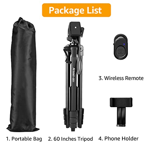 Camera Tripod,Video Tripod with Fluid Head, Arsoer 60" Vlog Tripod with Wireless Remote/Carry Bag/Rotatable Phone Holder, Compatible with iPhone/Canon/Nikon/Sony/Telescope, for Vlogging/Shooting