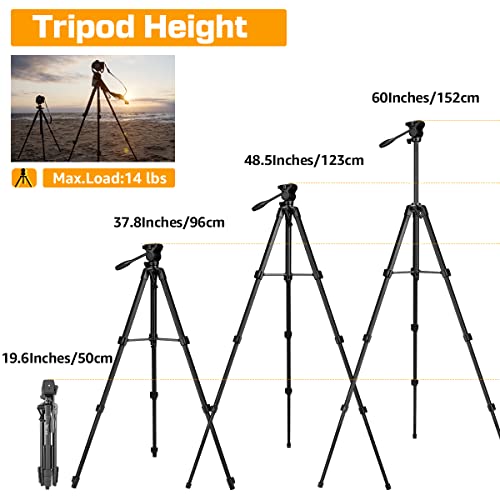 Camera Tripod,Video Tripod with Fluid Head, Arsoer 60" Vlog Tripod with Wireless Remote/Carry Bag/Rotatable Phone Holder, Compatible with iPhone/Canon/Nikon/Sony/Telescope, for Vlogging/Shooting