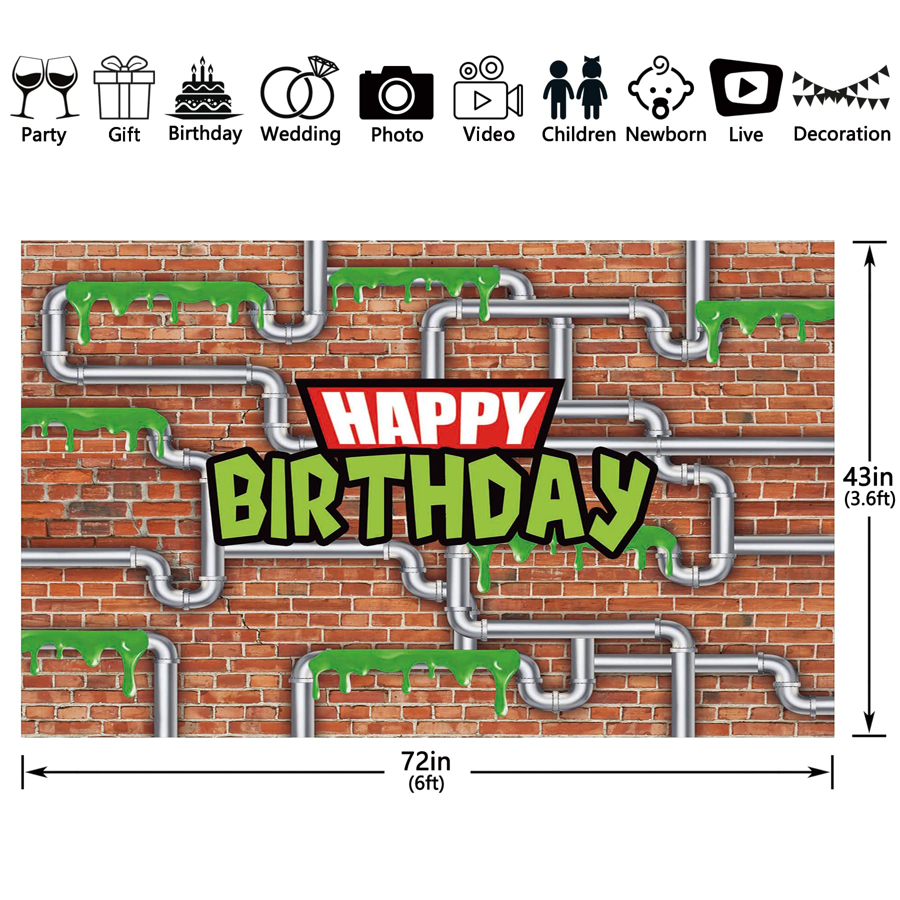 Yriujul 72x43inch Anime Kids Birthday Backdrop Cartoon Ninja Tortoise Party Banner Water Pipe Red Brick Wall Photography Background Photo Props