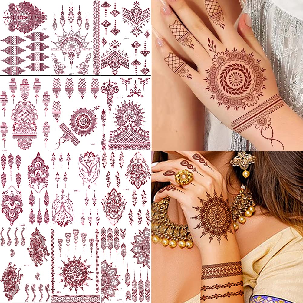 Xmasir 12 Sheets Brown Henna Tattoo Kit, Waterproof Henna Tattoo Stickers for Women Wedding Party Henna Stickers (Brown)