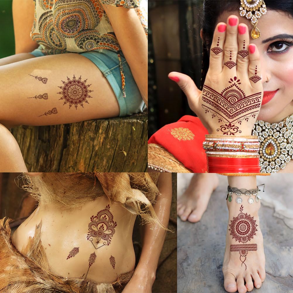 Xmasir 12 Sheets Brown Henna Tattoo Kit, Waterproof Henna Tattoo Stickers for Women Wedding Party Henna Stickers (Brown)