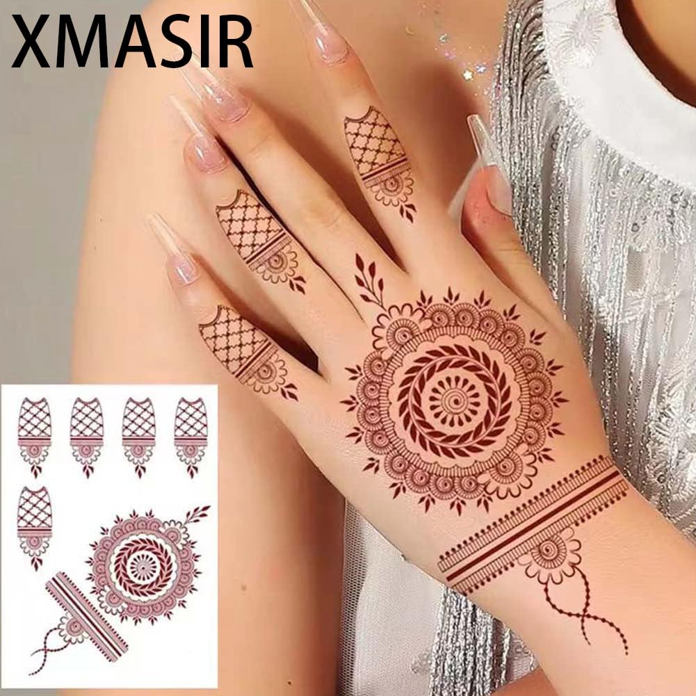 Xmasir 12 Sheets Brown Henna Tattoo Kit, Waterproof Henna Tattoo Stickers for Women Wedding Party Henna Stickers (Brown)