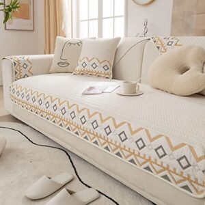 vctops boho geometric embroidery sofa couch cover cotton love heart quilted sectional couch covers non-slip washable sofa slipcover for dogs, children, pets furniture protector (cream,36"x63")