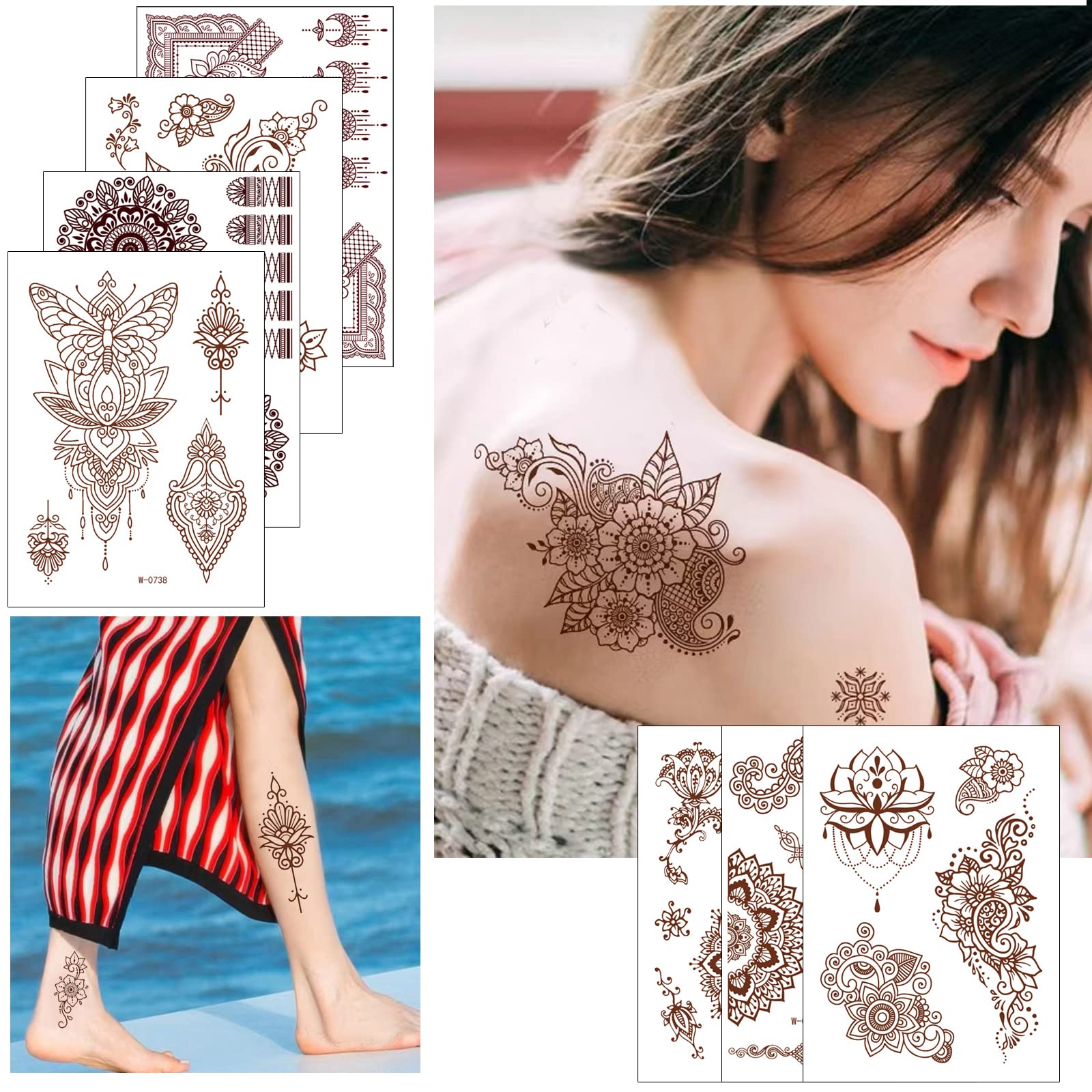 10 Pcs Henna Tattoo Kit Temporary Tattoo Adul Stickers Lace Pattern Fake Tattoos Henna Sticker for Women Girls DIY on Body Face Arms Legs