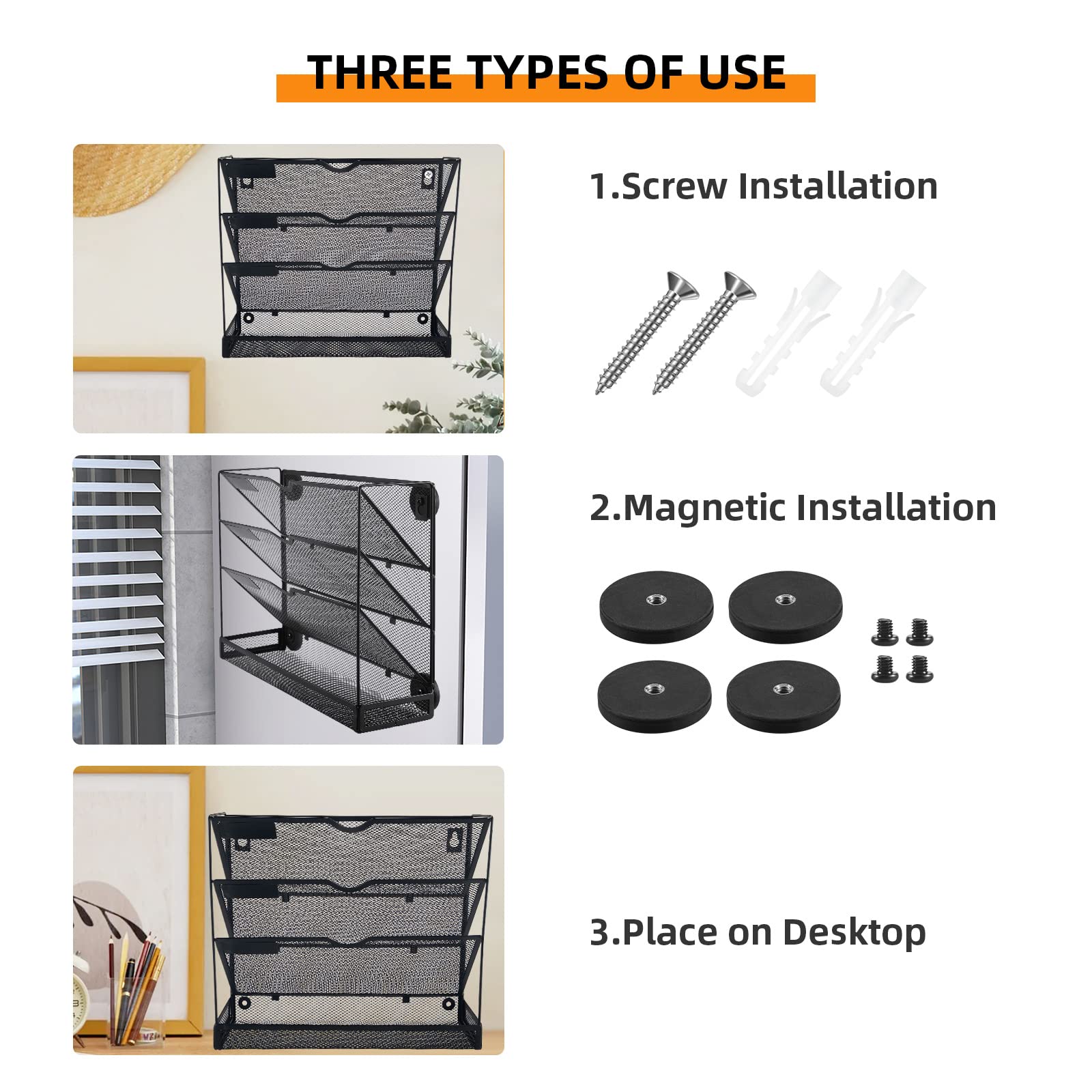 Paddsun 4-Tier Magnetic File Holder Wall File Organizer, Magnetic File Holder for Refrigerator, No Drilling Installation Magnetic Mail Holder for File Cabinets, Whiteboard for Office Home