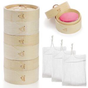 lyellfe 3 pack bamboo bar holder, natural soap dishes with lid foaming net, round handmade shampoo soap tray saver box, mini snack steamer container for travel, bathroom, shower