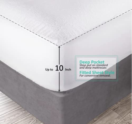Split Queen Mattress Protector for Adjustable Bed- Soft Cooling Waterproof Noiseless Fully Split Queen Mattress Cover [2-PC 30" x 80"], 10-Inch Deep Pockets Terry Cotton Surface - White