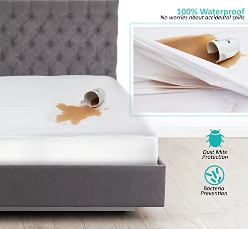 Split Queen Mattress Protector for Adjustable Bed- Soft Cooling Waterproof Noiseless Fully Split Queen Mattress Cover [2-PC 30" x 80"], 10-Inch Deep Pockets Terry Cotton Surface - White