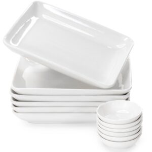 famhh 8 inch appetizer plates set with dipping cups for serving, desserts, salads – chip-resistant, porcelain, rectangular dinner plates – free of plastic & lead – 6 small, white dinner plates & cups