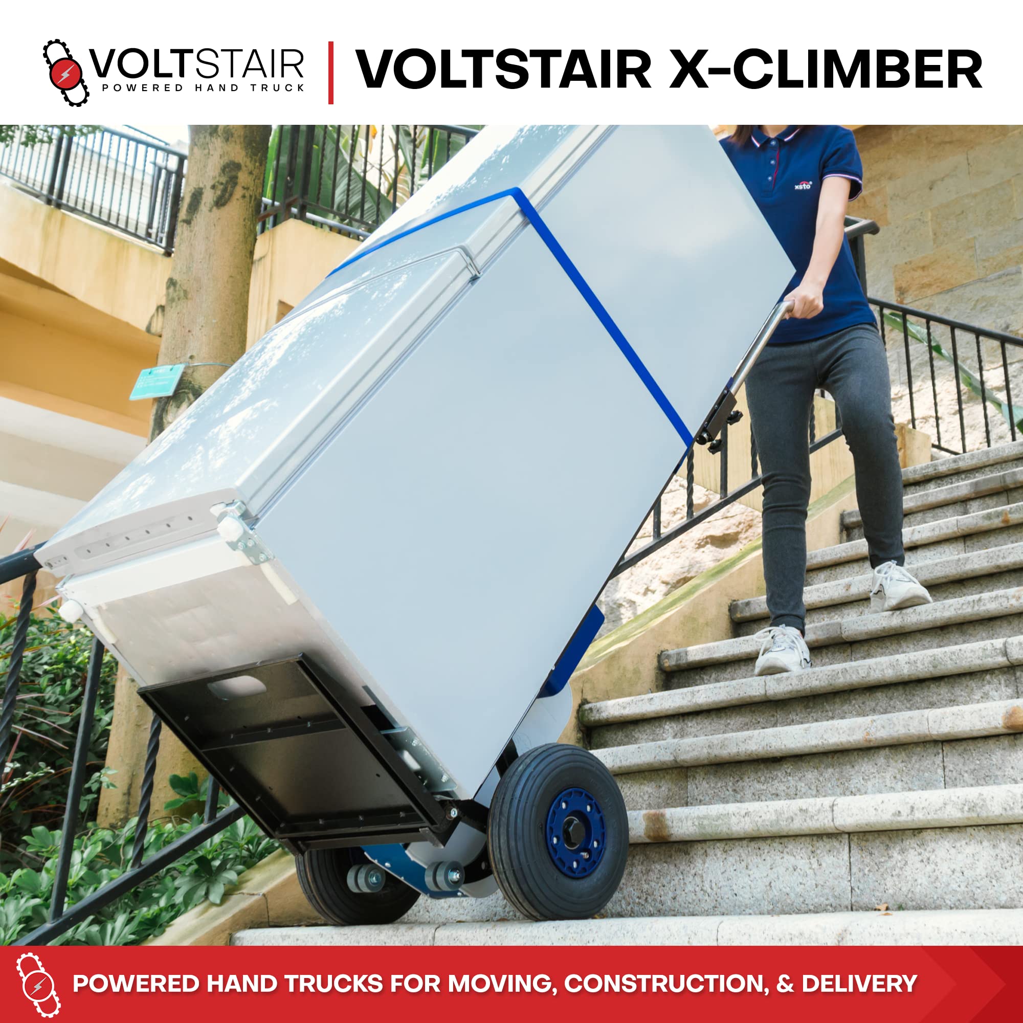 XClimber Stair Climbing Electric Hand Truck Dolly 375 lbs. Lifting Capacity with Quiet Operation and Non-Marking Anti-Slip Pneumatic Wheels for Moving Heavy Appliances, Large Boxes, Safes, Cylinders