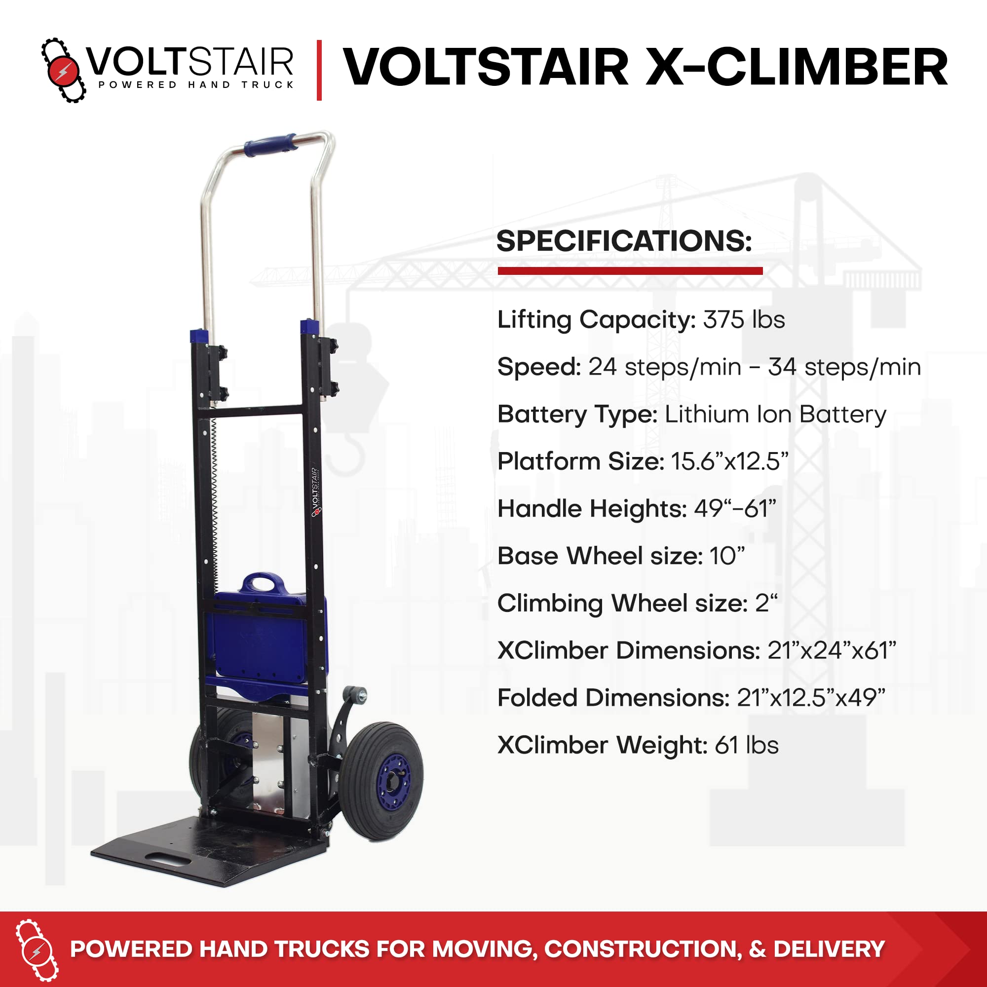 XClimber Stair Climbing Electric Hand Truck Dolly 375 lbs. Lifting Capacity with Quiet Operation and Non-Marking Anti-Slip Pneumatic Wheels for Moving Heavy Appliances, Large Boxes, Safes, Cylinders