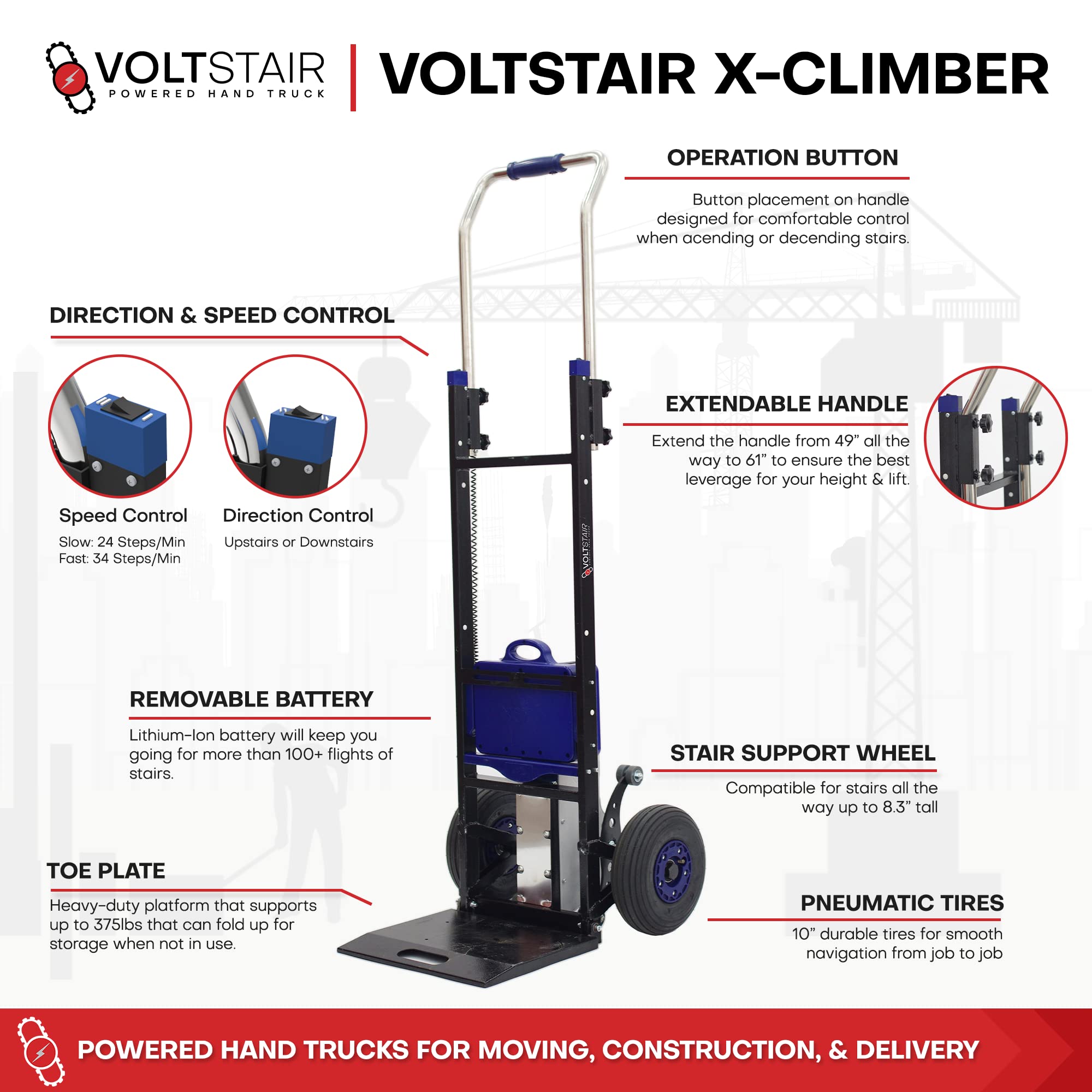 XClimber Stair Climbing Electric Hand Truck Dolly 375 lbs. Lifting Capacity with Quiet Operation and Non-Marking Anti-Slip Pneumatic Wheels for Moving Heavy Appliances, Large Boxes, Safes, Cylinders