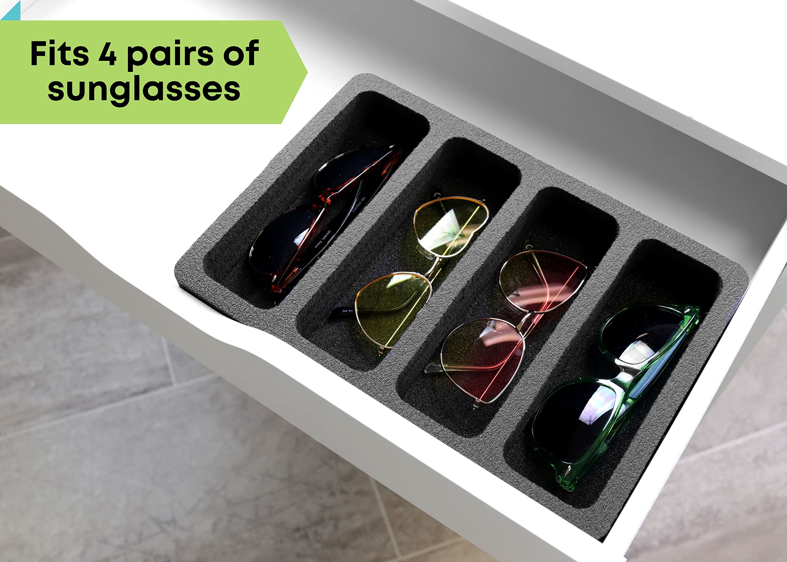 Polar Whale Sunglasses Drawer Organizer Tray Insert for Home Bedroom Bathroom Vanity Dresser Counter Table Waterproof Washable Black Foam 4 Compartment 8.25 x 12 Inches