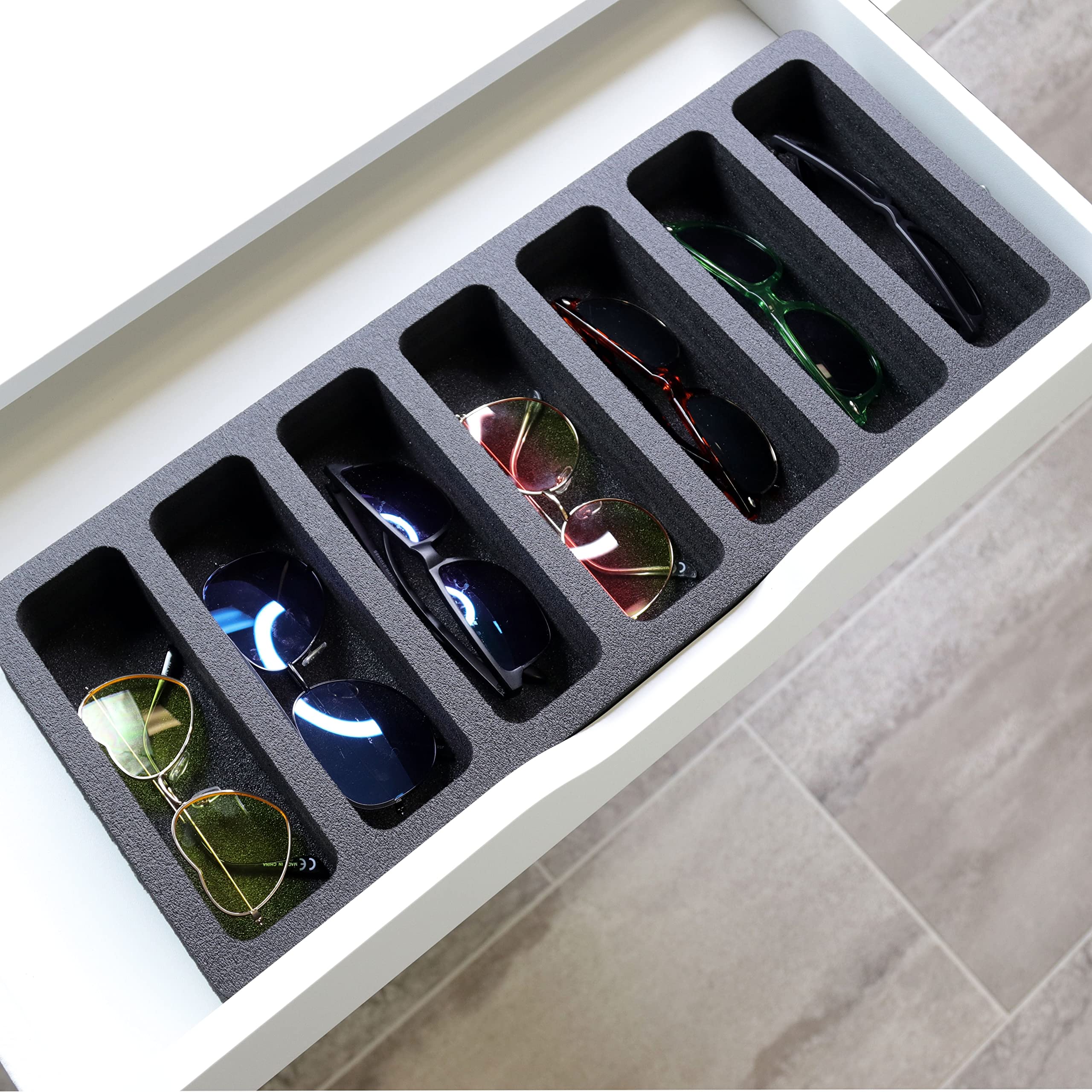 Polar Whale Sunglasses Drawer Organizer Tray Insert for Home Bedroom Bathroom Vanity Dresser Counter Table Waterproof Washable Black Foam 7 Compartment 8.25 x 20 Inches