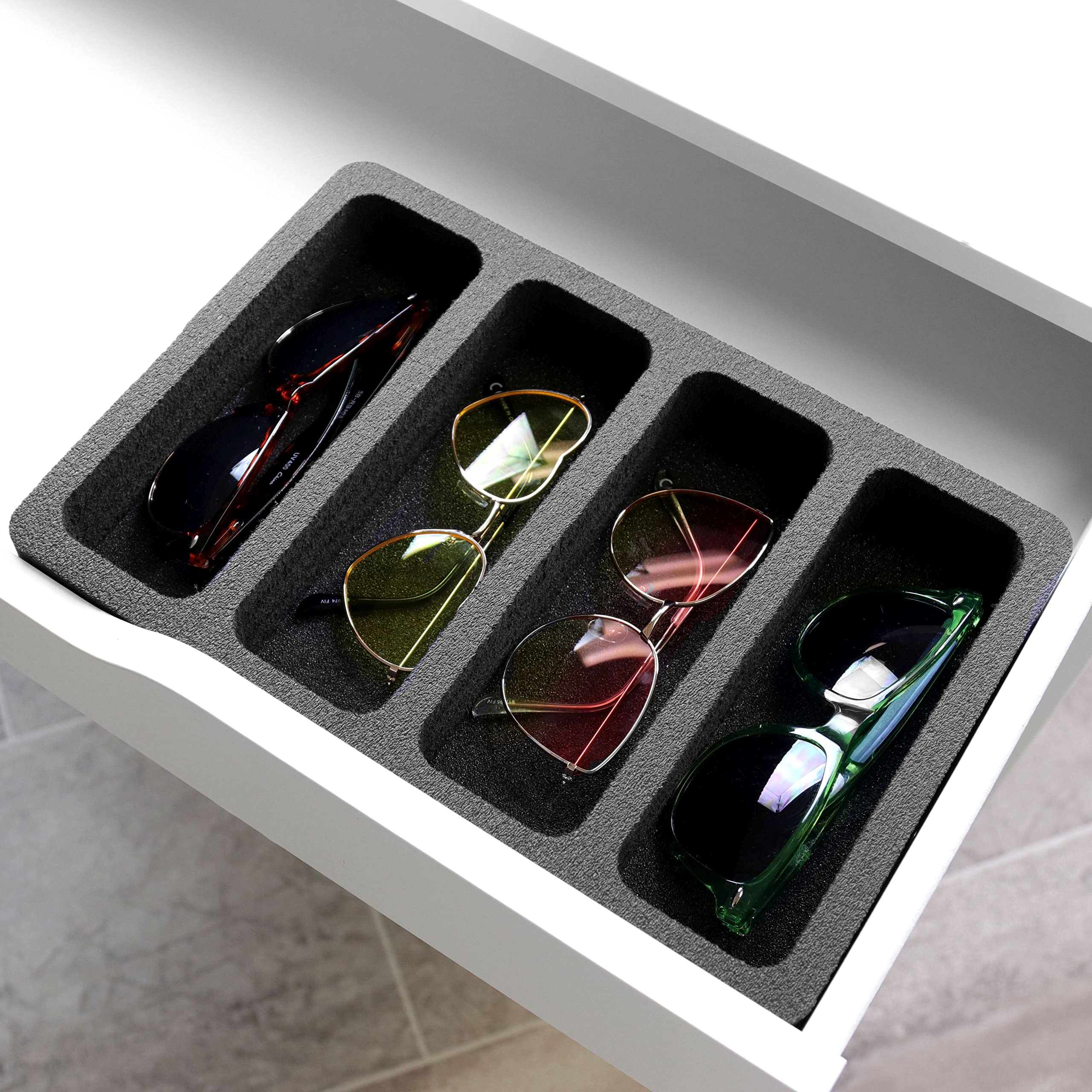 Polar Whale Sunglasses Drawer Organizer Tray Insert for Home Bedroom Bathroom Vanity Dresser Counter Table Waterproof Washable Black Foam 4 Compartment 8.25 x 12 Inches