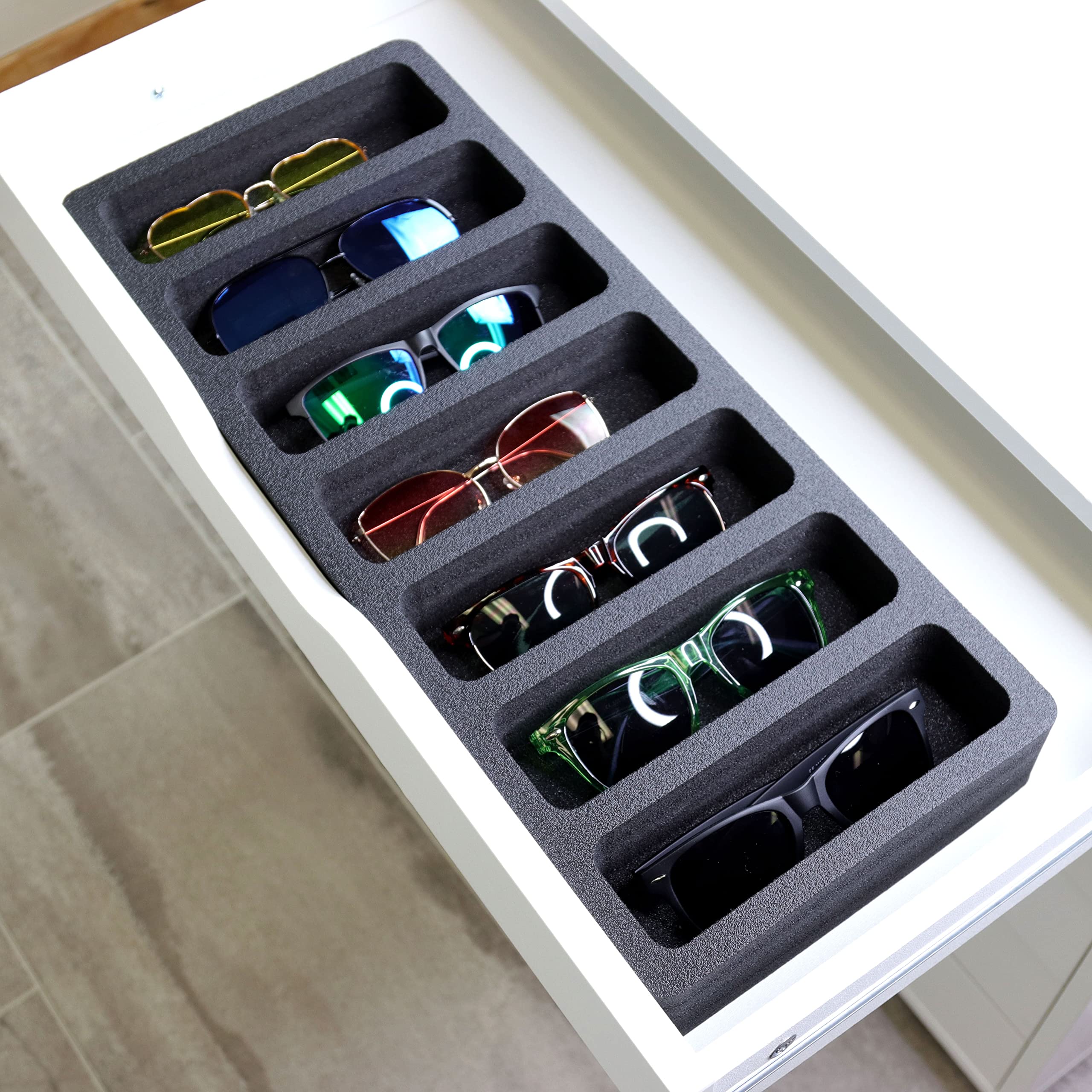 Polar Whale Sunglasses Drawer Organizer Tray Insert for Home Bedroom Bathroom Vanity Dresser Counter Table Waterproof Washable Black Foam 7 Compartment 8.25 x 20 Inches