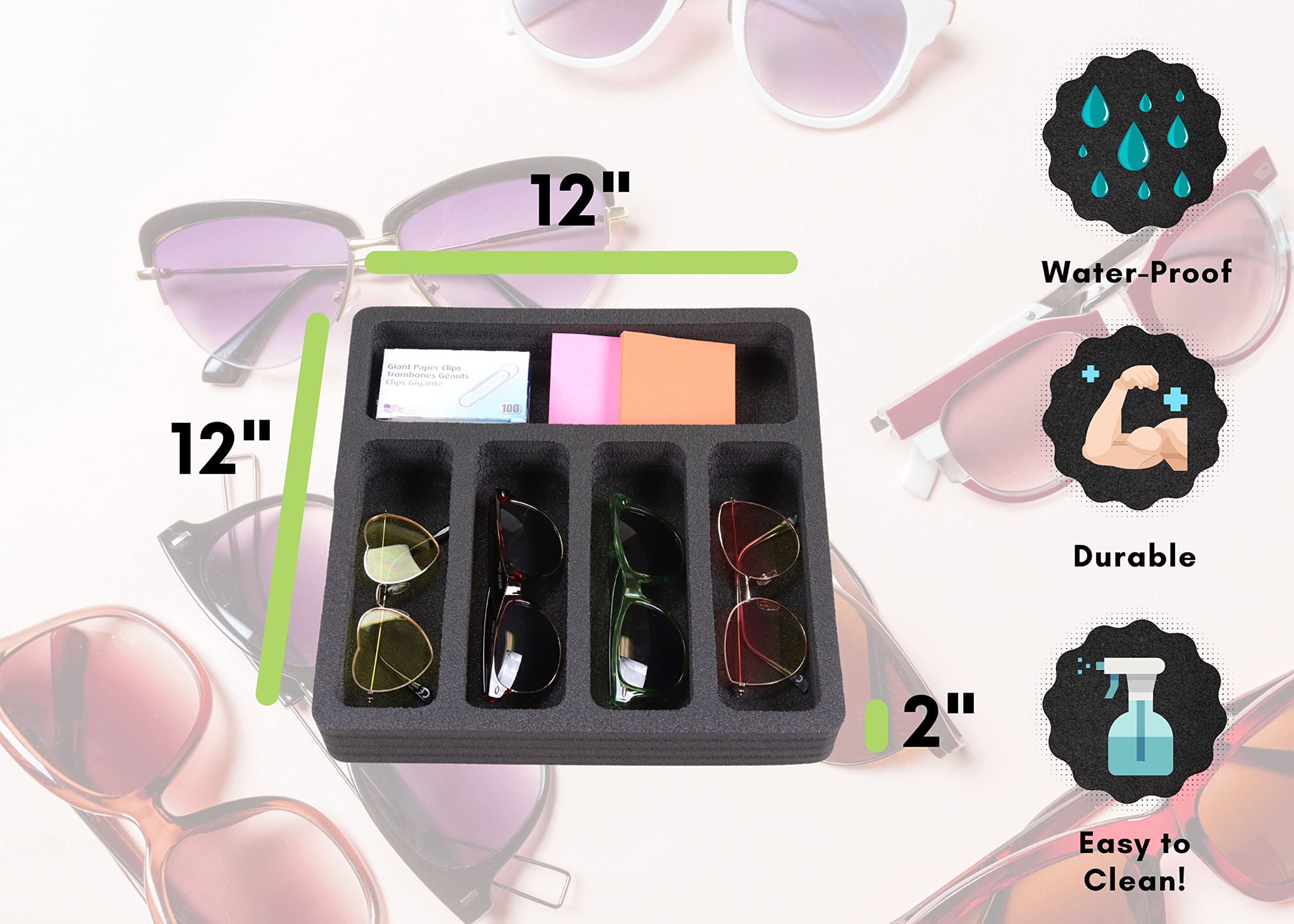 Polar Whale Sunglasses Drawer Organizer Tray Insert for Home Bedroom Bathroom Vanity Dresser Counter Table Waterproof Washable Black Foam 5 Compartment 12 x 12 Inches