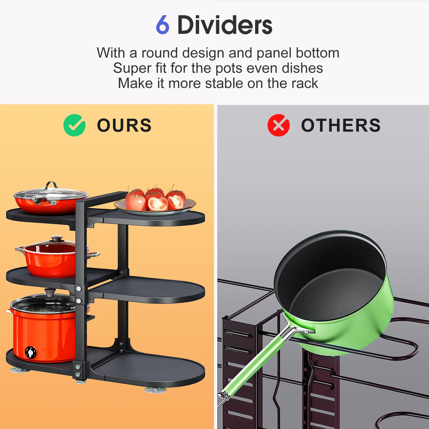 Pots and Pans Organizer for Cabinet, 6 Tier Snap-on and Adjustable Pan Organizer Rack for Under Cabinet, Pot Organizer for Kitchen Storage, Pot Lid Organizer with Panels (6 Tier, Round)