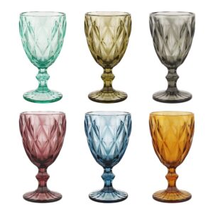 btgllas pure colored blue wine glasses set of 6 solid colors glass goblets colorful dishwasher safe colored glassware with an embossed vintage crystal goblets (glass, multicolor)