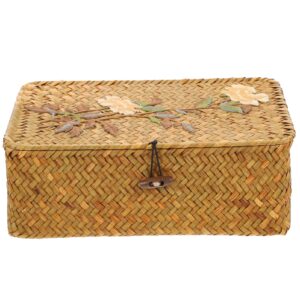zerodeko seagrass rattan storage basket weaving storage box wicker basket embroidery pattern storage box rectangular makeup organizer container with lid shelf baskets m