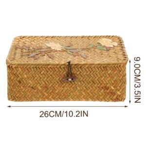 Zerodeko Seagrass Rattan Storage Basket Weaving Storage Box Wicker Basket Embroidery Pattern Storage Box Rectangular Makeup Organizer Container with Lid Shelf Baskets M