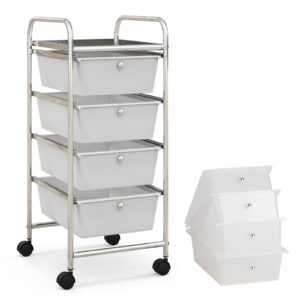 costway rolling storage cart with 4 drawers, plastic storage cart and organizer w/ 4 removable drawers, multipurpose organizer cart for home scrapbook paper office school tools (white)