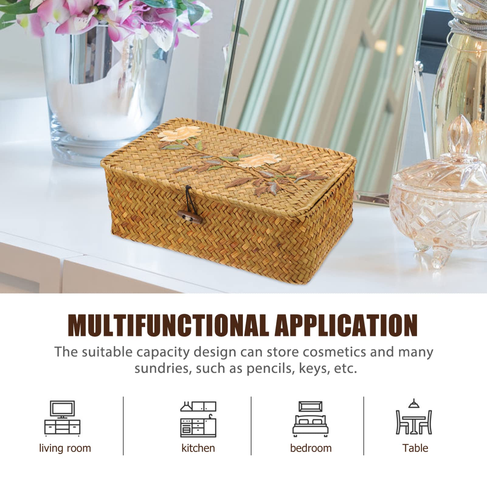 Zerodeko Seagrass Rattan Storage Basket Weaving Storage Box Wicker Basket Embroidery Pattern Storage Box Rectangular Makeup Organizer Container with Lid Shelf Baskets M