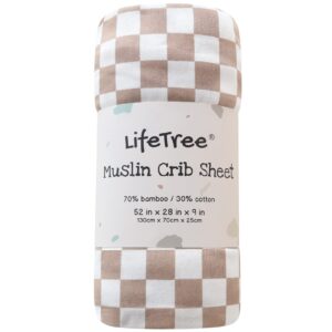 LifeTree Fitted Crib Sheets for Boys Girls & Neutral, Muslin Baby Sheet Fits Standard Crib and Toddler Mattresses, Soft, Checkered Print, 70% Viscose from Bamboo and 30% Cotton 28in x 52in