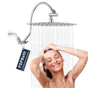 pdpbath 12" rain shower head with 16" adjustable height&distance extension arm, 304 stainless steel high pressure rainfall showerhead, all metal round waterfall showerhead with extender chrome