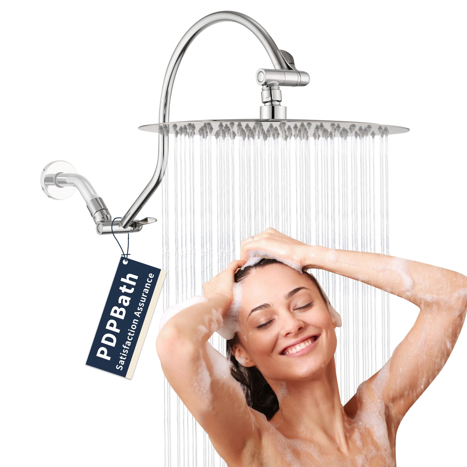 PDPBath 12" Rain Shower Head with 16" Adjustable Height&Distance Extension Arm, 304 Stainless Steel High Pressure Rainfall Showerhead, All Metal Round Waterfall Showerhead with Extender Chrome