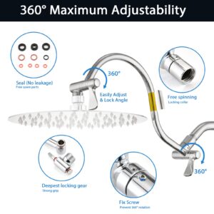 PDPBath 12" Rain Shower Head with 16" Adjustable Height&Distance Extension Arm, 304 Stainless Steel High Pressure Rainfall Showerhead, All Metal Round Waterfall Showerhead with Extender Chrome