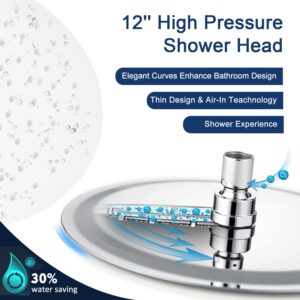 PDPBath 12" Rain Shower Head with 16" Adjustable Height&Distance Extension Arm, 304 Stainless Steel High Pressure Rainfall Showerhead, All Metal Round Waterfall Showerhead with Extender Chrome