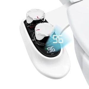 bidet toilet attachment w/digital display temperature, adjustable cool to warm water, non-electric self cleaning dual retractable nozzles for rear & feminine wash