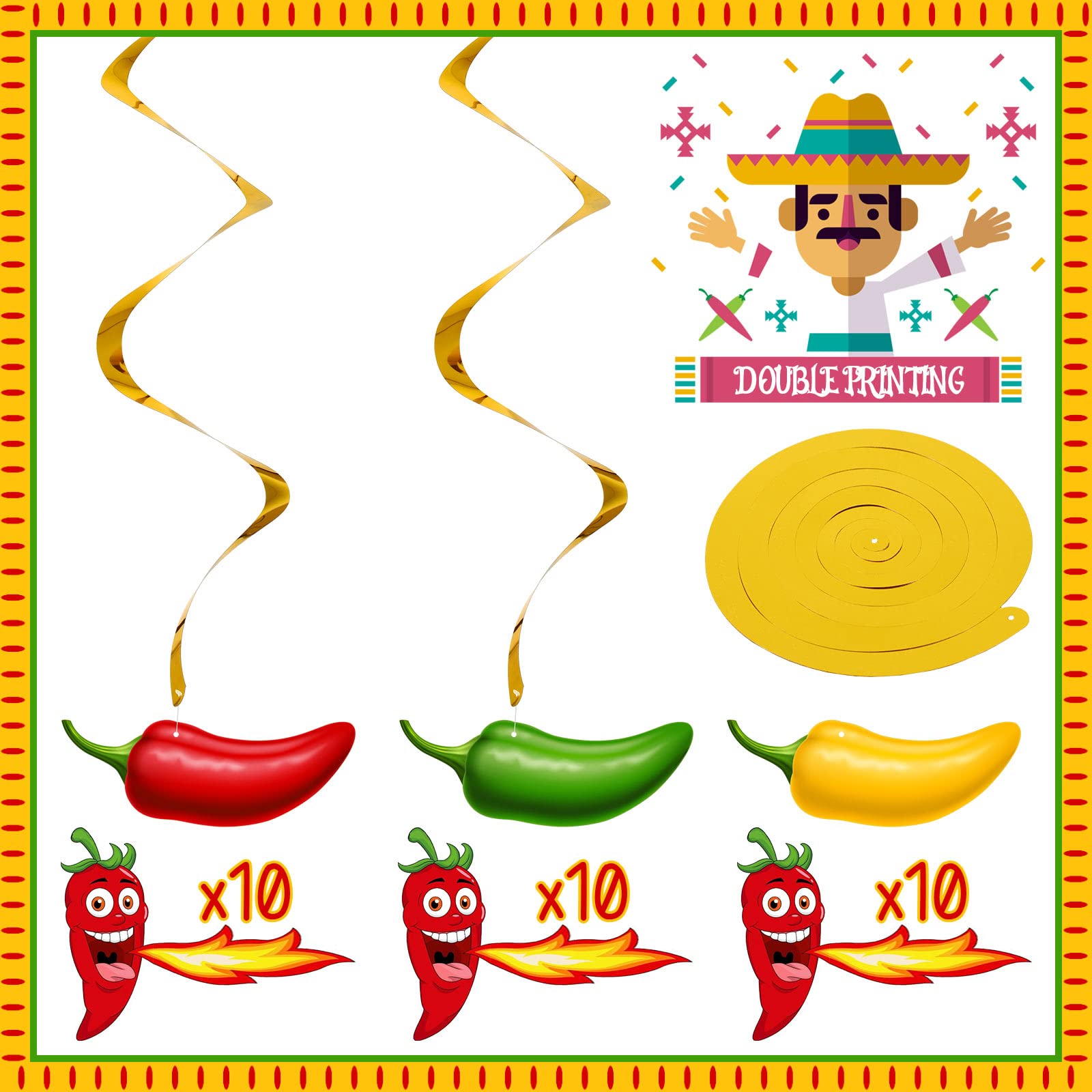 30 Pieces Chili Pepper Whirls Cinco de Mayo Pepper Decorations for Fiesta Party Mexico Spiral Hanging Party Streamers for Decor Mexican Party Accessories (Red, Yellow, Green)