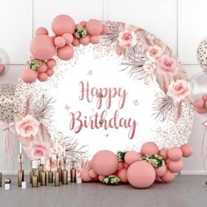 yongfoto 7x7ft floral happy birthday round backdrop cover glitter spring pink flowers girl birthday party circle photography background cake table decor kids adults photo studio props