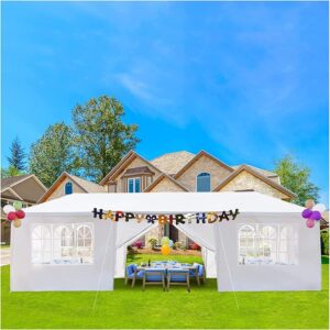 fujampe 10x30 party tent waterproof outdoor canopy tent white wedding tents for parties bbq patio gazebo shelter canopy events tent with 5 sidewalls (10' x 30' with 5 side walls)