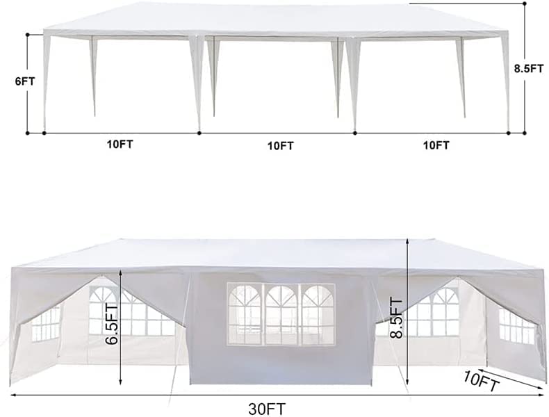 Fujampe 10x30 Party Tent Waterproof Outdoor Canopy Tent White Wedding Tents for Parties BBQ Patio Gazebo Shelter Canopy Events Tent with 5 Sidewalls (10' x 30' with 5 Side Walls)