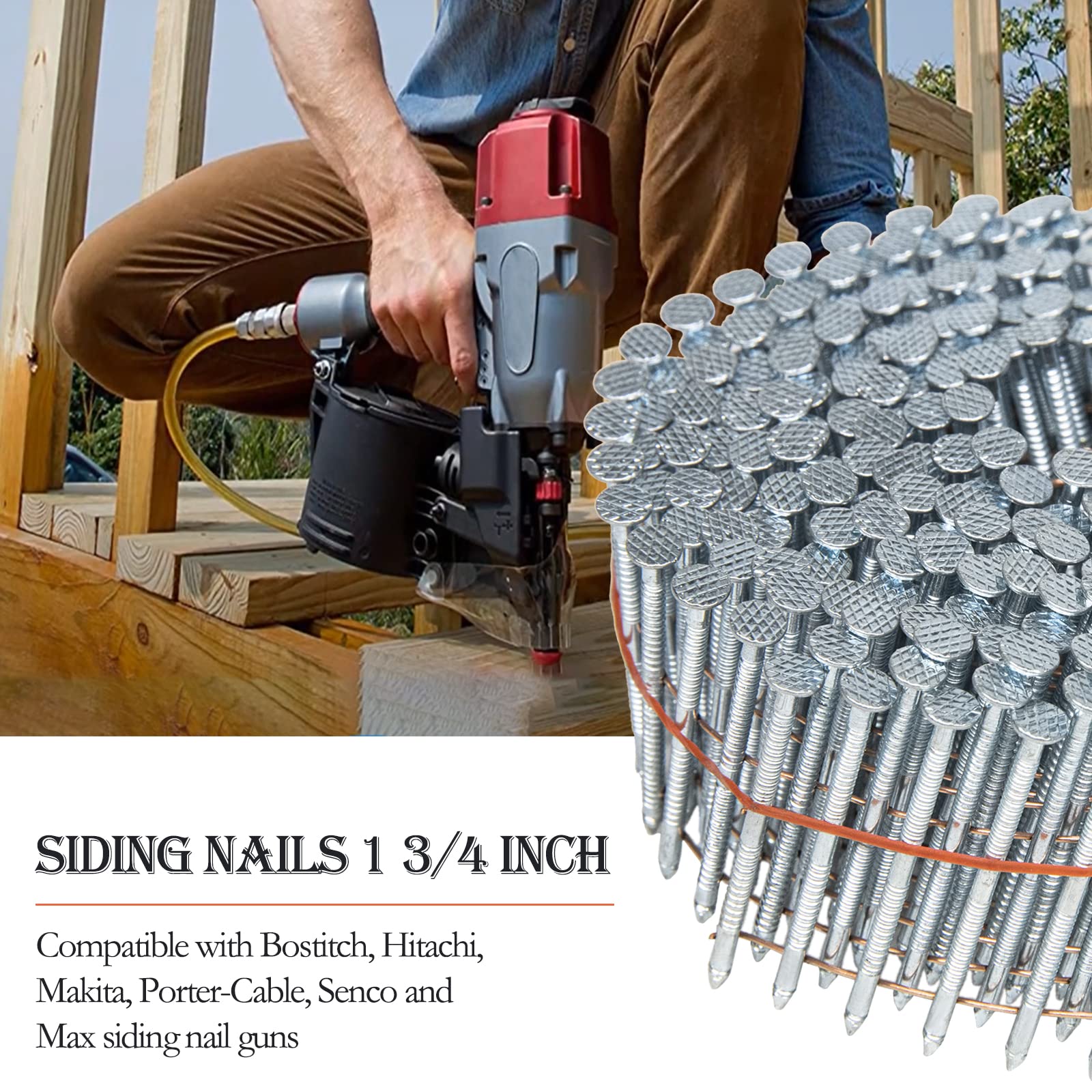 Coil Siding Nails 1-3/4-in 15 Degree Stainless Steel Coil Siding Nails 1200 Count 1-3/4-Inch x .092-Inch Ring Shank Cold-Dipped Galvanized Collated Wire Coil Nails