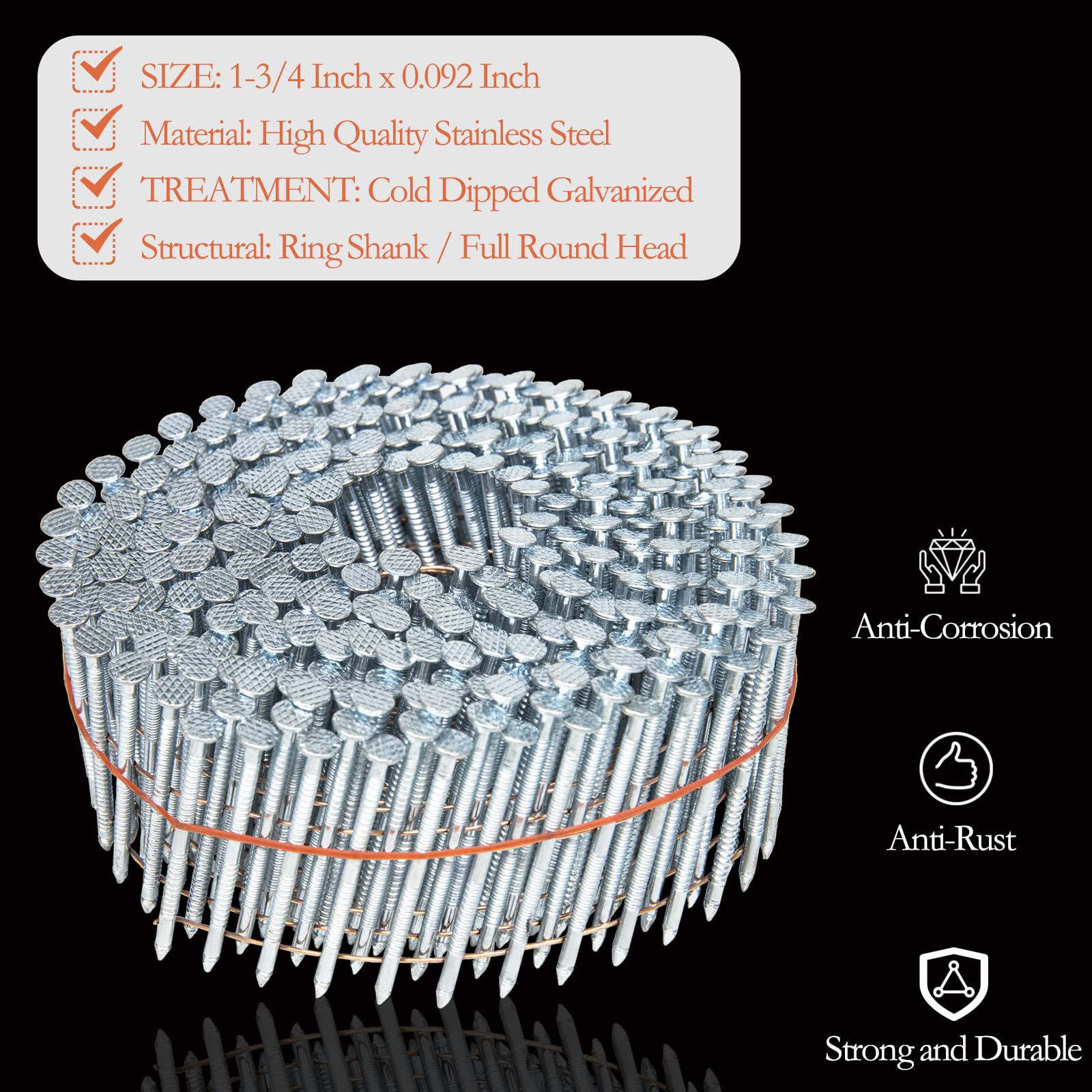 Coil Siding Nails 1-3/4-in 15 Degree Stainless Steel Coil Siding Nails 1200 Count 1-3/4-Inch x .092-Inch Ring Shank Cold-Dipped Galvanized Collated Wire Coil Nails