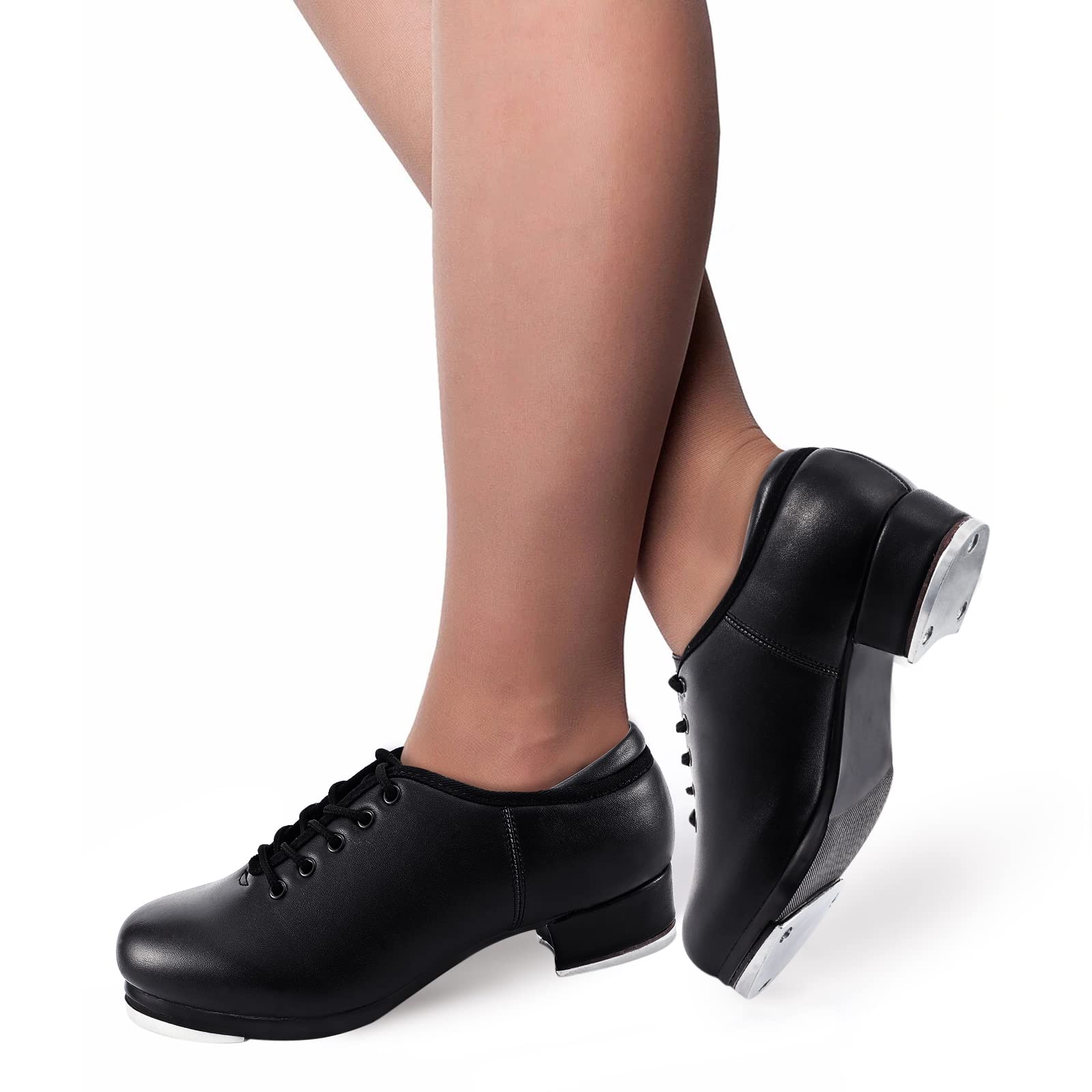 Women's Leather Jazz Tap Dance Shoes for Adult Girls, Black 7.5 M US