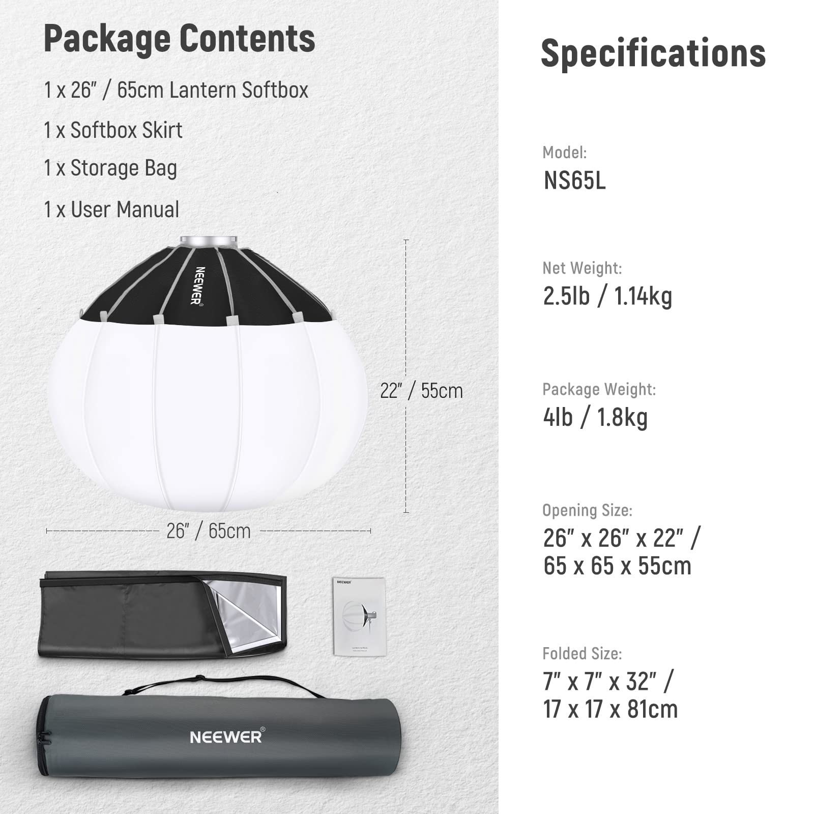 NEEWER 26"/65cm Lantern Softbox One Step Quick Release, 360° Light Diffuser with Skirt, Bowens Mount for Video Light CB60 CB100 CB150 Compatible with Aputure Light 600d Amaran 60x Godox SL60W, NS65L