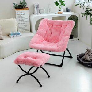 well-strong folding living room chair with ottoman - faux fur foldable bedroom chair and foot rest set with metal frame lounge chair and foot stool set for men, women, teens, kids pink