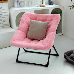 WELL-STRONG Folding Living Room Chair with Ottoman - Faux Fur Foldable Bedroom Chair and Foot Rest Set with Metal Frame Lounge Chair and Foot Stool Set for Men, Women, Teens, Kids Pink