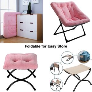 WELL-STRONG Folding Living Room Chair with Ottoman - Faux Fur Foldable Bedroom Chair and Foot Rest Set with Metal Frame Lounge Chair and Foot Stool Set for Men, Women, Teens, Kids Pink