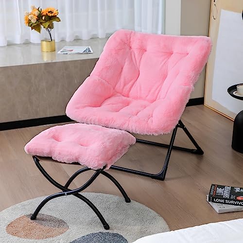 WELL-STRONG Folding Living Room Chair with Ottoman - Faux Fur Foldable Bedroom Chair and Foot Rest Set with Metal Frame Lounge Chair and Foot Stool Set for Men, Women, Teens, Kids Pink