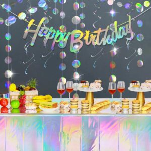 iridescent happy birthday banner party decorations, shiny happy birthday sign holographic circle garlands hanging dots streamer backdrop tablecloth for iridescent birthday party decorations supplies