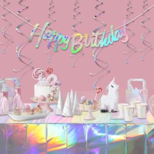 Iridescent Happy Birthday Banner Party Decorations, Shiny Happy Birthday Sign Holographic Circle Garlands Hanging Dots Streamer Backdrop Tablecloth for Iridescent Birthday Party Decorations Supplies